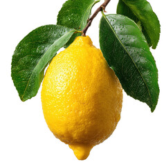 Bright yellow lemon hanging from a lush green tree branch with water droplets on leaves