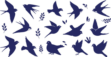 Birds in flight silhouette, flying birds vector, abstract nature design, decorative swallow artwork, minimal animal illustration, flat foliage elements, wildlife drawing