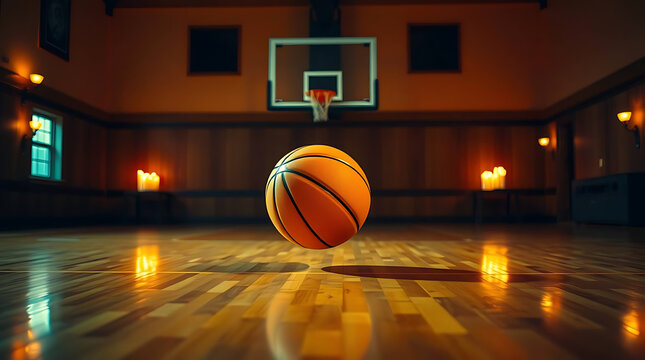 Floating Basketball in Ornate Indoor Court with Candlelight