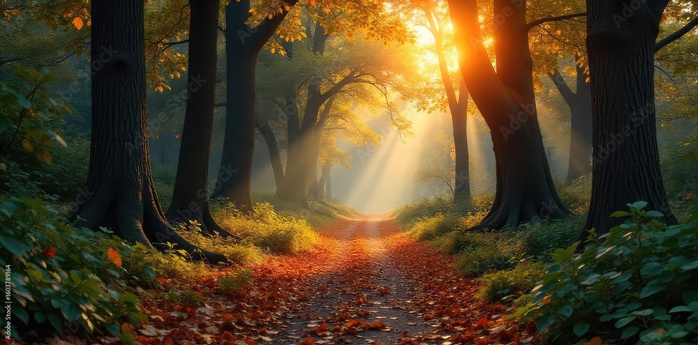 Canvas Prints sun-dappled forest path winding through ancient trees, fallen leaves carpeting the ground, hinting a