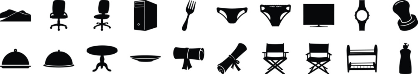 Silhouette Icon Set – Office, Kitchen, Fashion, Furniture & Gadgets - A versatile collection of black silhouette icons featuring a wide range of everyday objects and concepts.