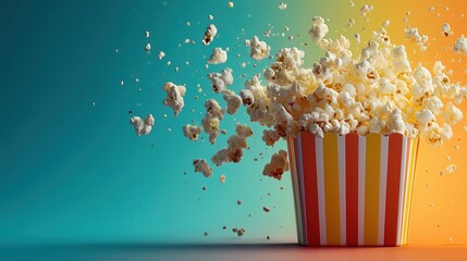 A striped popcorn bucket spills popcorn against a colorful gradient background. The scene captures the excitement of movie snacks and entertainment.