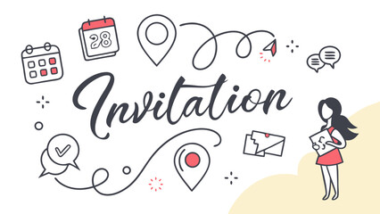 Creative invitation design with illustrative icons of calendars location pins chat bubbles and a woman holding a card perfect for event announcements