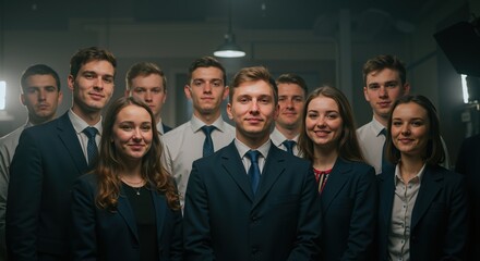 Group of young business professionals in formal suits posing together in modern corporate office environment. Diverse team of colleagues standing confidently for company portrait. teamwork