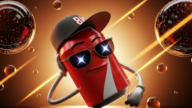 A cool 3D rendered soda can character with sunglasses and a baseball cap, posing confidently against a vibrant, glowing background.