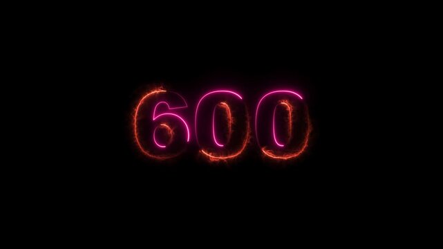 600 number neon bright magenta red color animation. black background 4k video.
