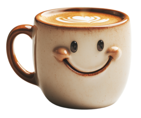 Coffee mug with joyful expression and steam forming heart shape, creating warm and inviting atmosphere. mug design adds playful touch to coffee experience., isolated