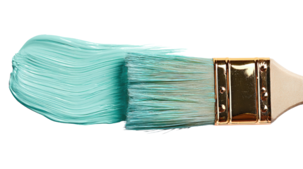 A paintbrush coated with blue-green paint, isolated on a white background.
