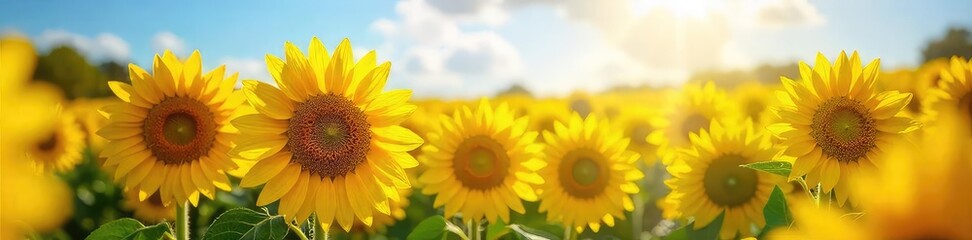 Naklejka premium Vibrant sunflowers bathed in warm sunlight, their golden petals reaching for the sky in a picturesque field A stunning display of nature's beauty and the joy of summer , stem, energy