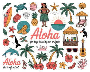 Aloha State of Mind Illustration Bundle – Playful Hawaii-Inspired Art with Tiki Icons, Vibrant Flowers, Retro Colors, Beach Scenes, and Whimsical Island Aesthetic for Designers.

