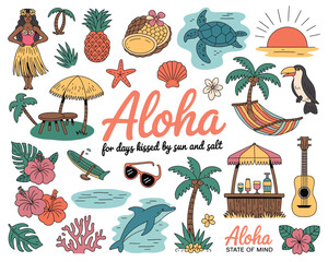 Whimsical Hawaiian Island Vibes in Aloha State of Mind – Tropical Illustrations Featuring Surfboards, Palm Trees, Ocean Scenes, and Sunshine Dreams for Summer-Themed Creative Projects.


