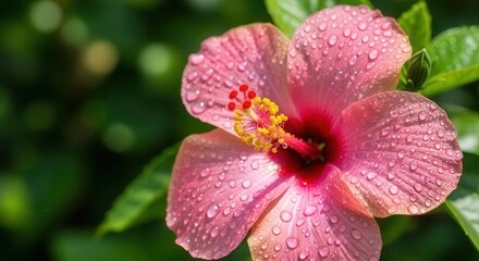 Obraz premium Pink Hibiscus Flower with Water Droplets on Bright Green Leaves