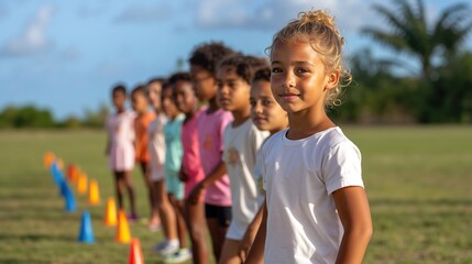 Diverse group of children standing in line for sports activity on grass field with colorful cones. Mixed race kids organized for outdoor physical education class. Youth sports concept