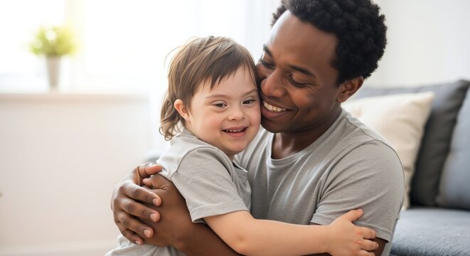 African american father embracing down syndrome daughter home sofa smiling love support inclusion. Parent special needs child hugging bonding diversity acceptance family care. Down syndrome family