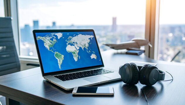 Global connectivity and modern workplace setup in a cityscape environment