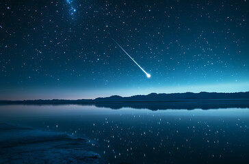 Fototapeta premium Celestial Wonder: Shooting Star Over Still Lake
