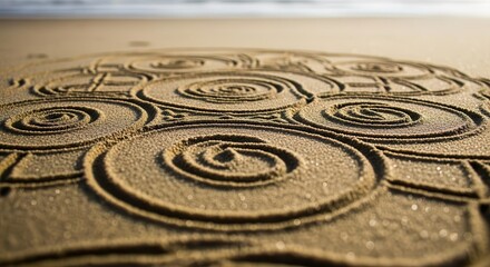 Sand Art Spirals on Beach Calm Sunset Scene