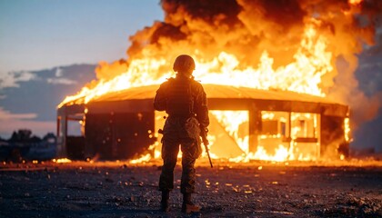 Soldier watches burning building
