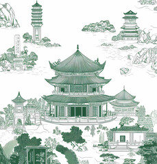 Ancient Chinese Architecture Landscape Illustration
