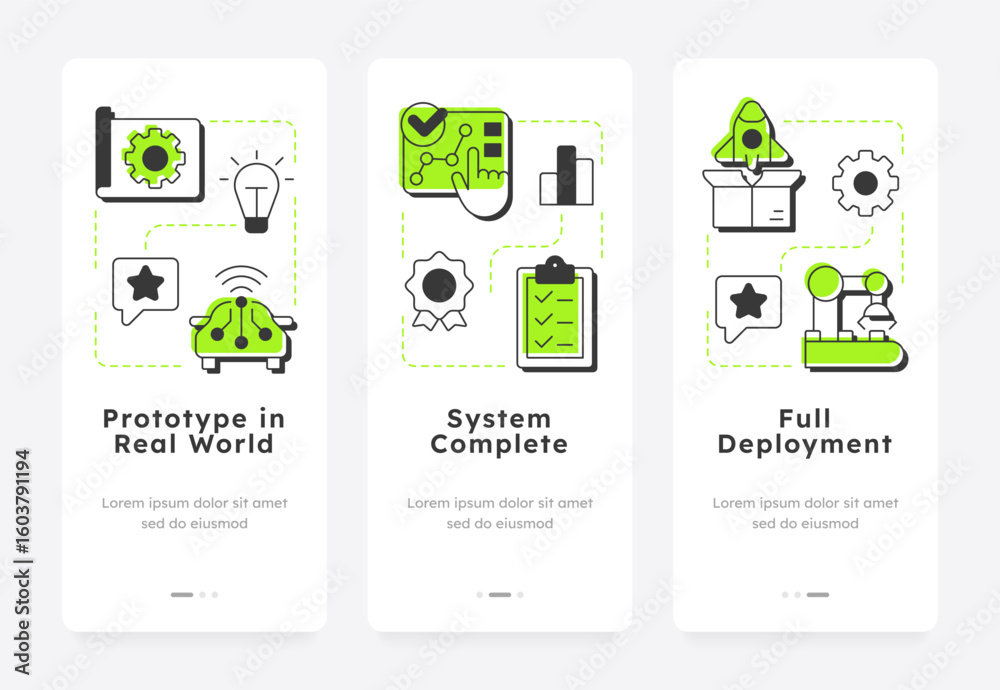 Poster technology readiness levels mobile app onboarding screens. deployment stage. product development man