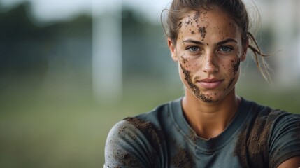 woman muddy face dirt outdoor adventure challenging activity fitness training exhausted determined. Female athlete dirty appearance physical exercise endurance sports obstacle course competition