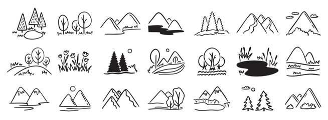 Mountains landscapes nature with pine forest, river, mount and hills doodle hand drawn icon set. Outline drawing rocky horizon environment line clipart symbol collection. 