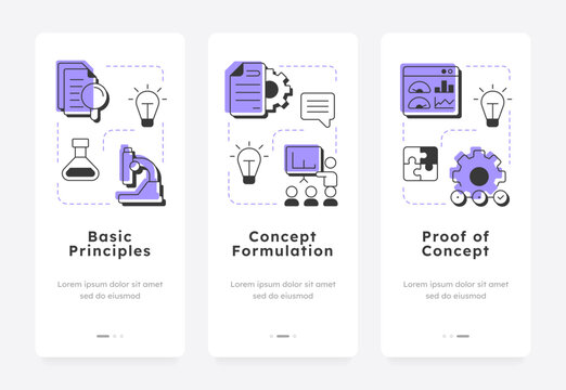 Technology readiness levels mobile app onboarding screens. Research stage of innovation. Organization management. Flat UI UX design, purple highlight with outline icons conceptual. Lexend font used