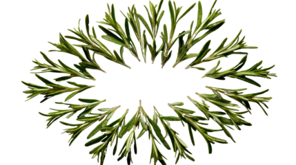 Circular arrangement of fresh rosemary leaves on a white isolate background.