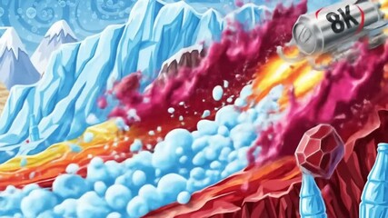 A vibrant, fantastical illustration of a colorful liquid river flowing from icy mountains, launching a can into the air.