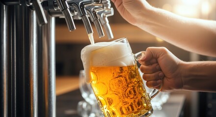 Hand pouring beer golden foam glass tap brewery bartender serving alcohol beverage. Draft beer dispensing system pub restaurant hospitality service concept