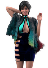 3D illustration of a fashionable woman in a modern outfit featuring a cutout dress and a multicolored faux fur cape. She poses confidently, showcasing a bold and trendy cyber inspired style.