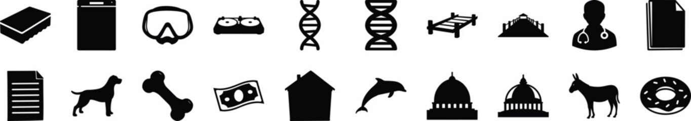 Silhouette Icon Collection – Science, Animals, Architecture & Essentials - A curated set of black silhouette icons representing various themes including science (DNA strands, stethoscope), travel 