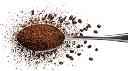 Coffee grounds in a spoon with scattered beans, white isolated background.
