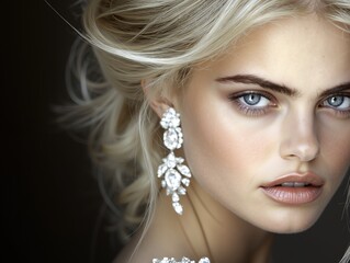 Beautiful blonde woman with blue eyes wearing elegant white pearl drop earrings. Female model with perfect makeup showcasing luxury jewelry and natural beauty. Bridal elegance concept