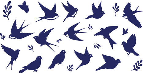 Flying birds silhouette, vector bird set, abstract sparrow shapes, decorative nature elements, hand drawn style, foliage leaves, wildlife design illustration