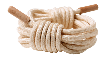 Coiled decorative rope with wooden ends on a white isolate background.