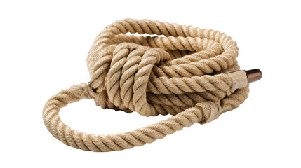 Obraz premium Coiled rope with intricate knots, perfect for nautical or decorative uses, isolated on white background.