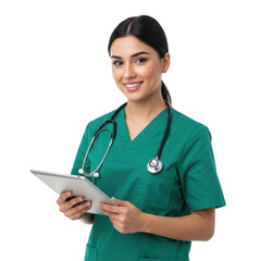 Smiling young female healthcare professional wearing green scrubs holding a clipboard isolated on transparent background