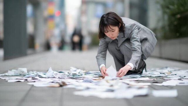 Document Recovery in City: A focused professional meticulously gathers scattered documents amidst the urban environment, symbolizing diligence and attention to detail.