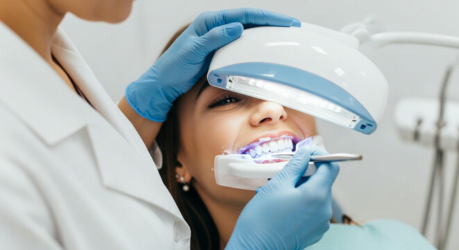 A dentist using an LED light for a cosmetic dental treatment on a female patient