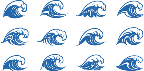 Ocean wave icons set, flat sea splash vector, marine water design elements, stylized blue surf symbols, cresting wave silhouette illustration