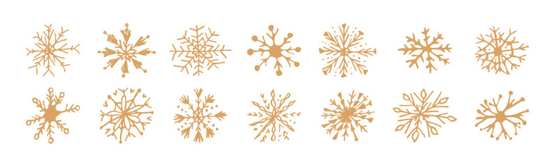 Gold hand drawn snowflakes set. Winter vector icons. Collection doodle snow flake, crystal ornament. Design element for new year, christmas cards banner poster. Cute decoration.