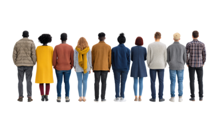 Diverse group of people standing together, facing away, on a white isolated background.