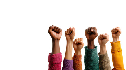Fototapeta premium Diverse hands raised in solidarity, expressing unity and strength against social issues.