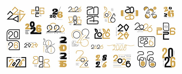 2026 Happy New Year Gold text decoration. Logo collection set. Golden symbols with greeting for card poster banner calendar print. Vector illustration flat style. Various digit template.