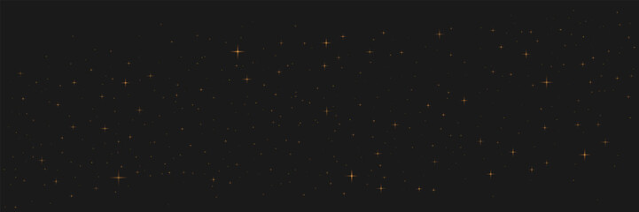 Light glow effect stars on dark sky background. Vector gold sparkles. Christmas abstract pattern. Sparkling magic dust. Empty Banner. Shimmering Space abstract backdrop