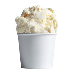 Creamy, pale yellow-white ice cream in a small, white paper cup