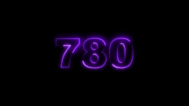 780 number neon bright purple color animation. black background 4k video.