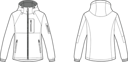 Outdoor technical jacket vector illustration, front and back hoodie design, cad drawing sketch, zip pockets, fashion template, windbreaker style © Md Rofequl Islam
