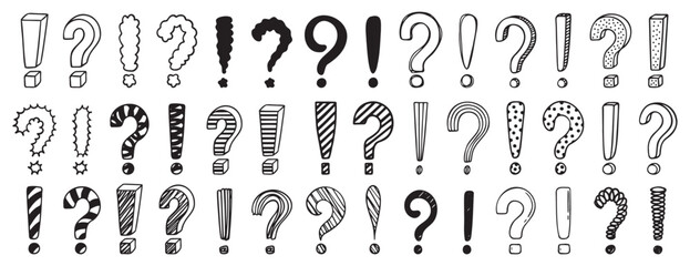 Doodle exclamation mark and question marks set. Hand drawn drawing punctuation symbols, creative ink stroke question exclamation mark icon set.